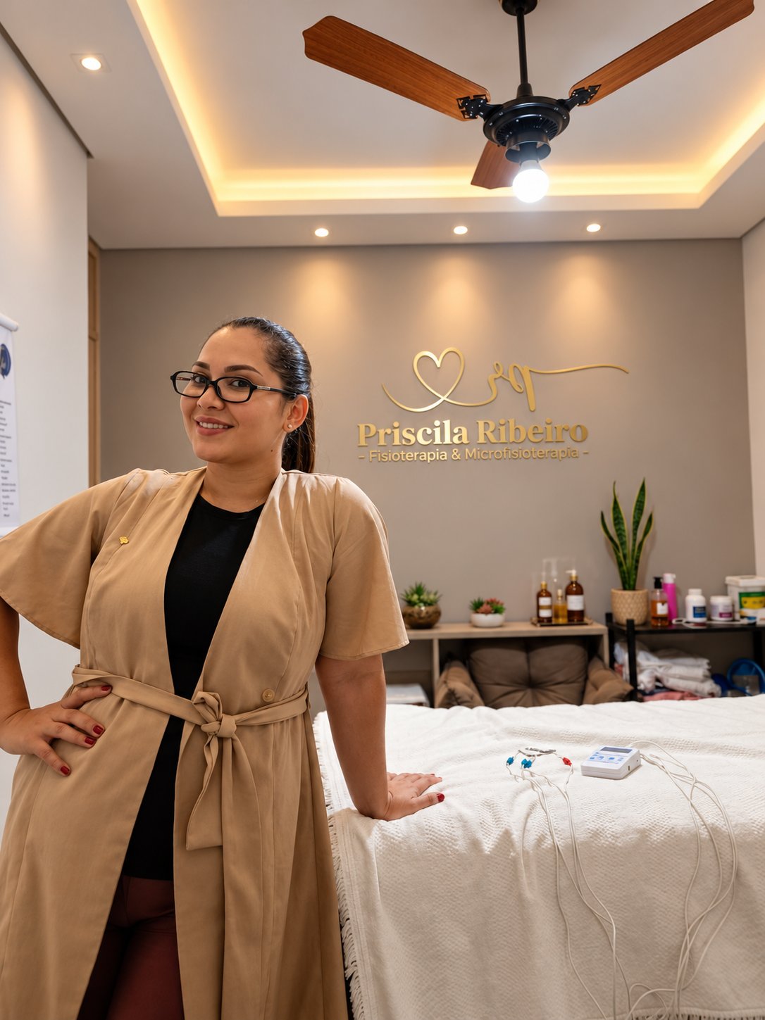 Dra. Priscila Ribeiro em seu estúdio de fisioterapia, com o logo dourado na parede